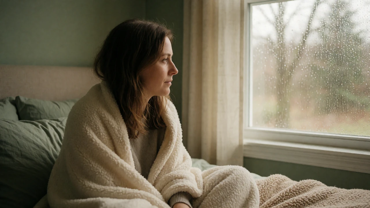 A woman wrapped in a soft blanket looking out a rainy window, representing the reality of dating with a chronic illness