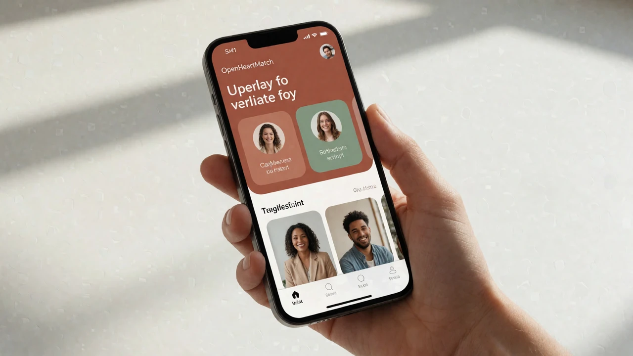 Smartphone displaying the OpenHeartMatch disability dating app interface in a bright studio setting