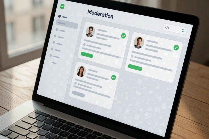A laptop screen showing a moderation dashboard with green checkmarks and profile review cards, representing human moderation for down syndrome dating safety
