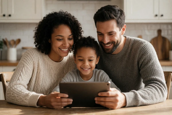 A family sitting together at a kitchen table looking at a tablet with smiles, representing family support for down syndrome dating