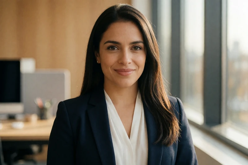 A 32-year-old woman with dwarfism smiling confidently in professional attire at an office, representing little people dating and self-assured identity