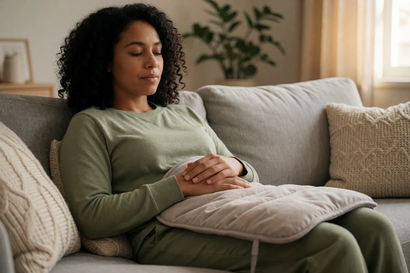 A woman resting on a couch with a heating pad, illustrating the reality of managing chronic illness while dating