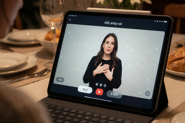 Tablet with a video relay service interface on a dining table, representing communication technology for deaf dating