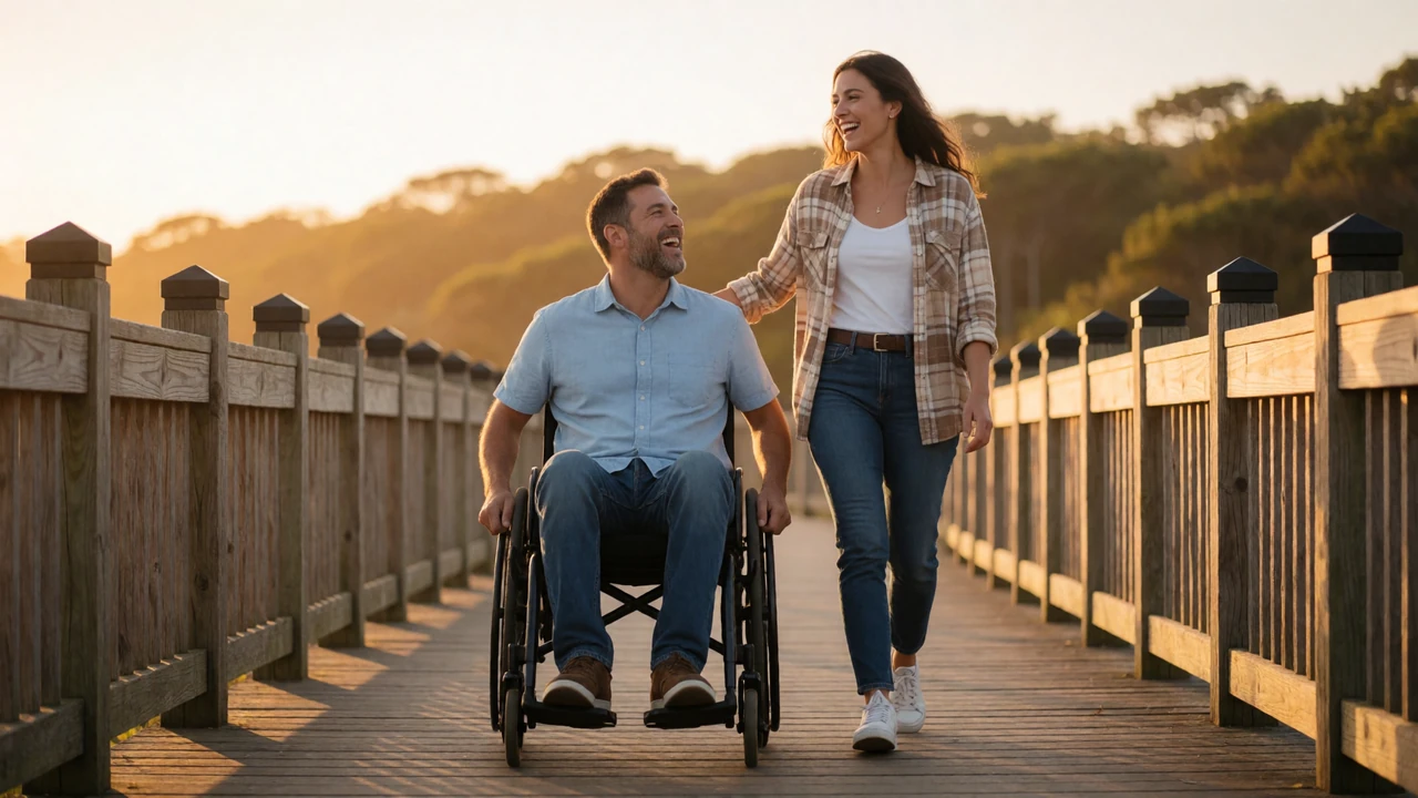 A man in a manual wheelchair and a woman walking beside him on a scenic boardwalk at golden hour, both laughing, representing wheelchair dating