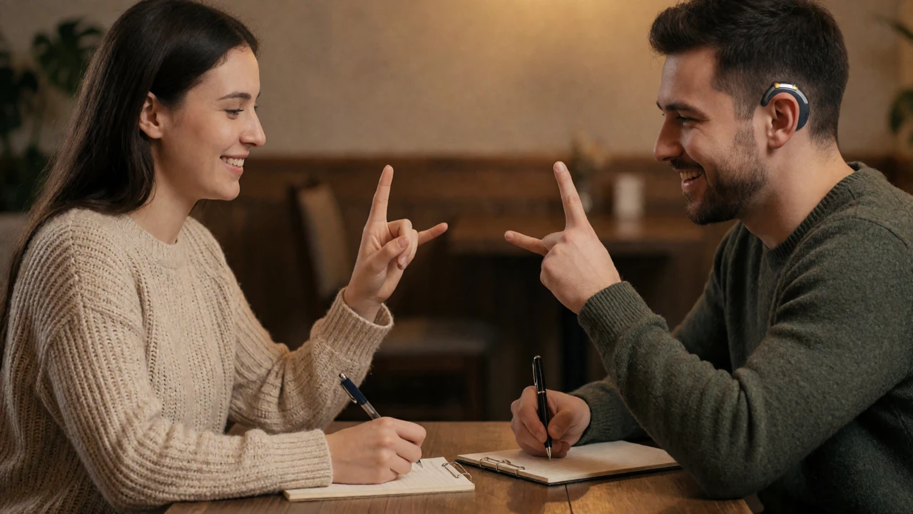 A couple signing to each other across a coffee table in American Sign Language during a date