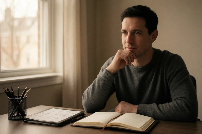 A 35-year-old man with a thoughtful expression sitting at a desk with a mood journal and medication organizer, representing bipolar disorder management