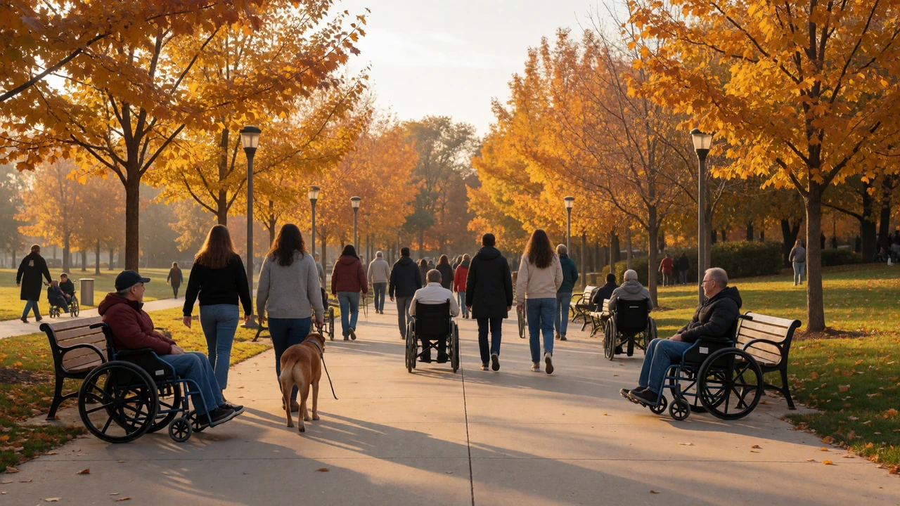 An accessible autumn park with paved walkways, golden trees, and people using wheelchairs and guide dogs enjoying a golden hour stroll