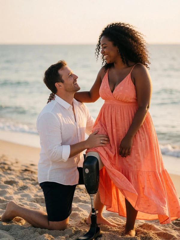 Maya, a Black woman with a prosthetic leg, and her partner Tom at a beach proposal, celebrating disability romance