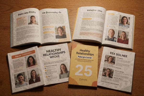 Printed educational pamphlets about healthy relationships on a wooden table, representing educational resources for down syndrome dating