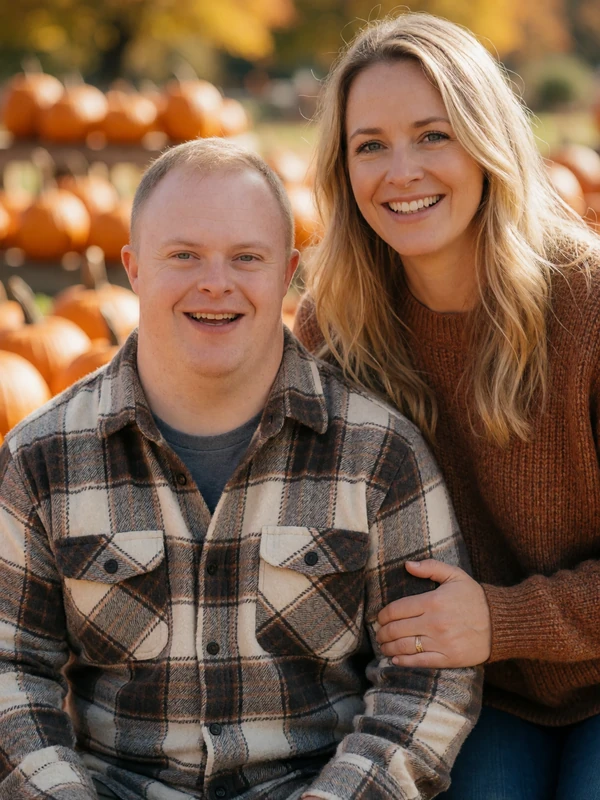 Daniel, a man with Down syndrome, and his girlfriend Sarah at a pumpkin patch, representing inclusive love