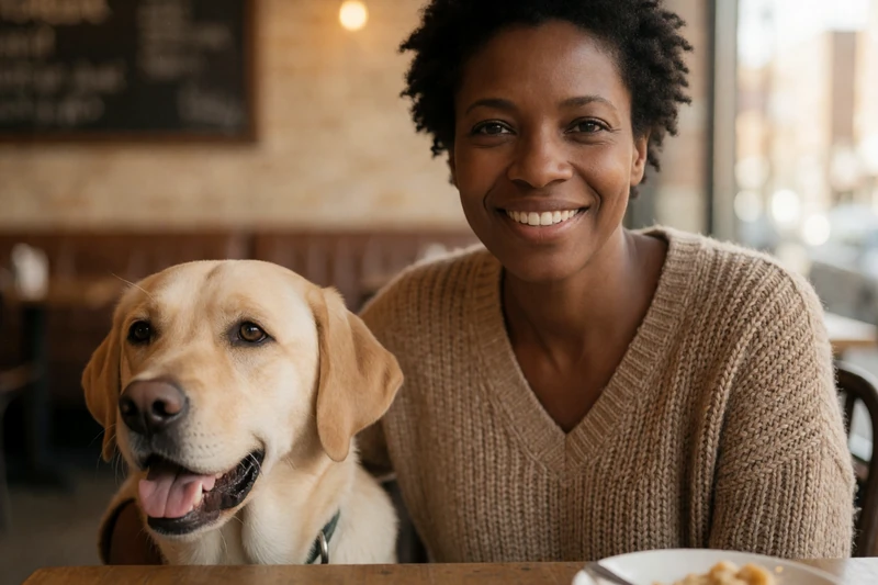 A blind woman with a guide dog at a cafe, representing accessible dating tips for visually impaired singles