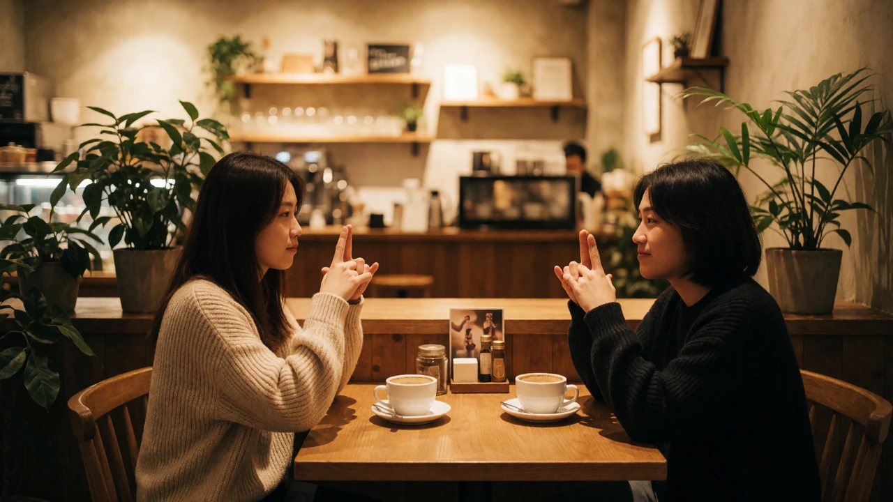 Two people signing ASL across a coffee shop table, representing deaf dating and shared culture