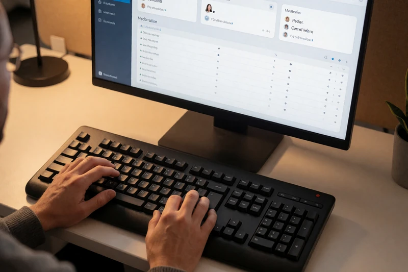 Hands on an accessible keyboard with a moderation dashboard on screen, representing manual safety moderation