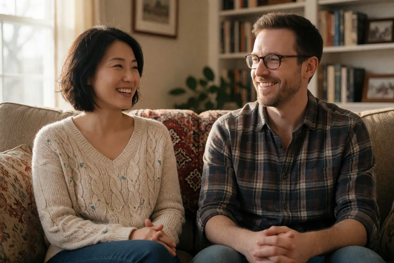 A couple being interviewed on a couch about their OpenHeartMatch success story