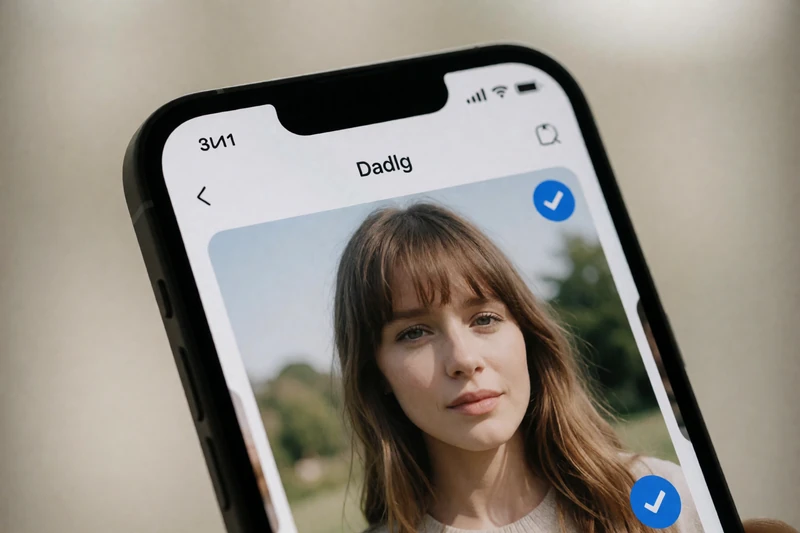 Close-up of a phone screen showing a dating app profile with a verification badge, representing scam awareness in disabled dating