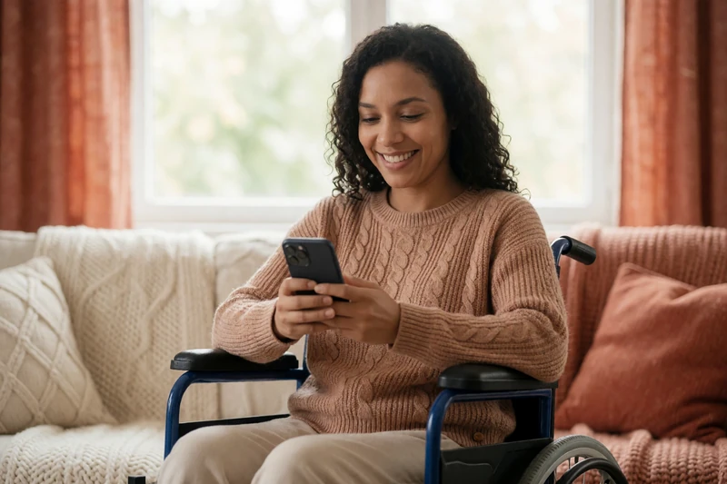 A wheelchair user smiling while using a dating app on her phone, representing accessible online dating