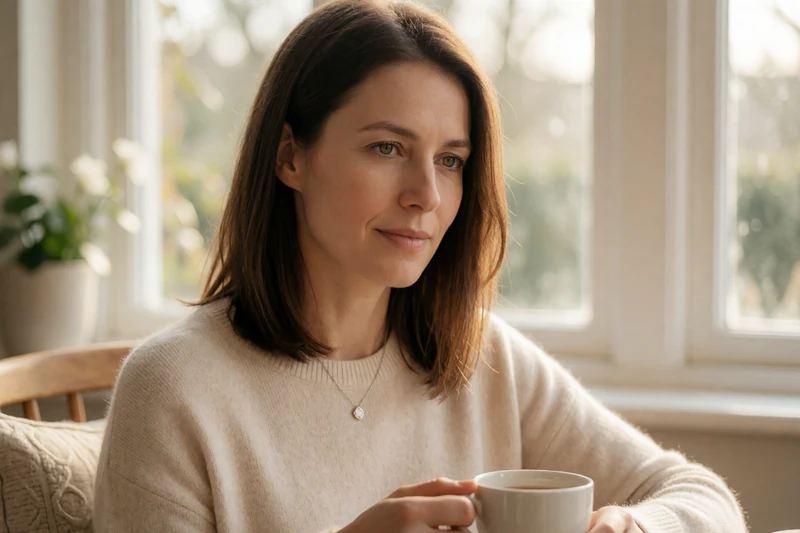 A 31-year-old woman with a calm expression wearing a medical alert necklace, sitting in a serene sunroom with tea, representing epilepsy dating and peaceful daily life