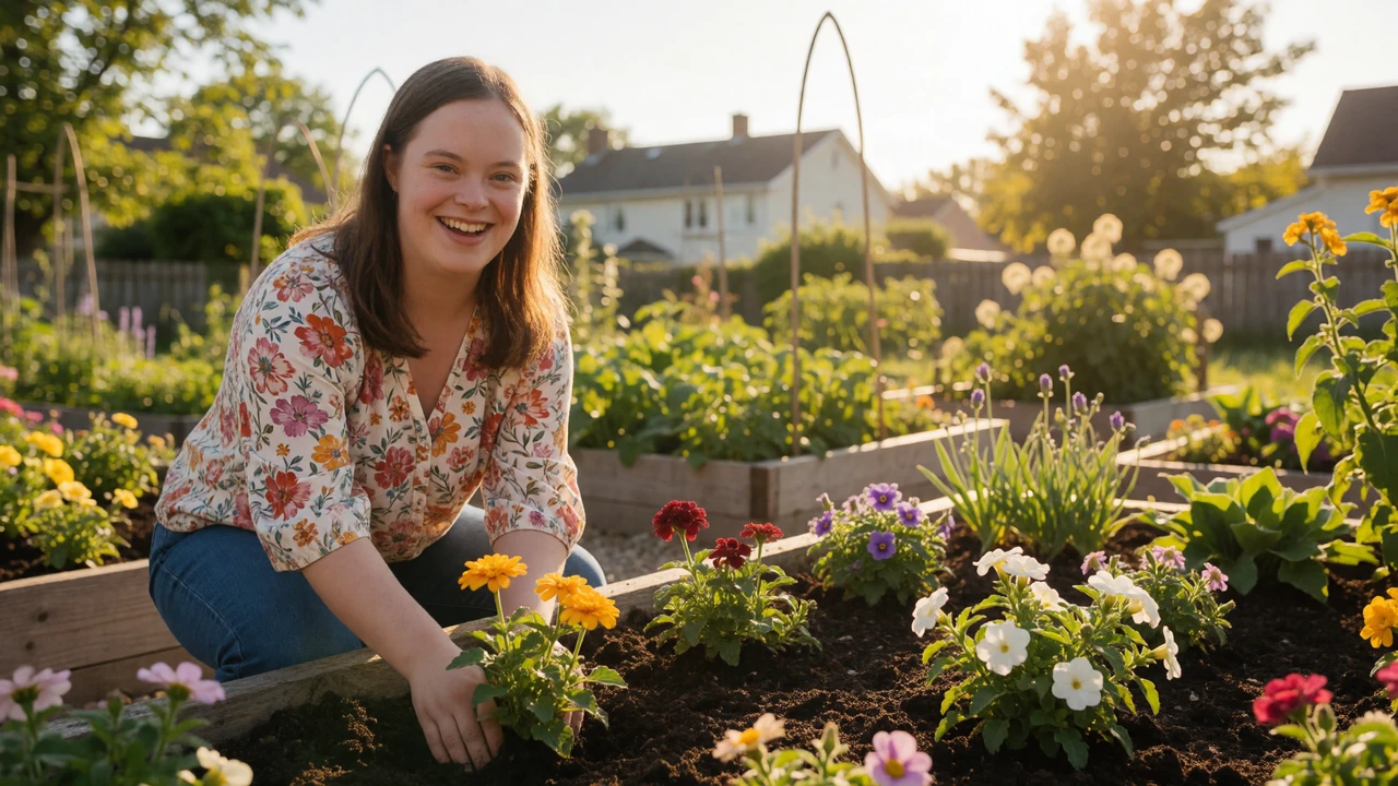 A young woman with Down syndrome smiling broadly while planting flowers in a sunny community garden, representing down syndrome dating and genuine connection