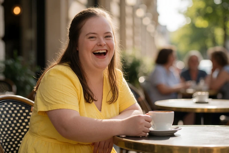 A 26-year-old woman with Down syndrome in a cheerful yellow dress laughing at an outdoor cafe, representing down syndrome dating and joyful connection