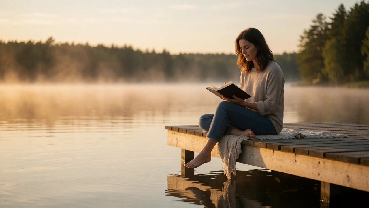 A woman sitting peacefully on a lakeside dock at golden hour journaling, representing calm and stability in bipolar dating