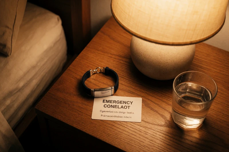 Close-up of a medical alert bracelet and emergency contact card on a nightstand with warm lamp light, representing seizure-aware dating safety planning