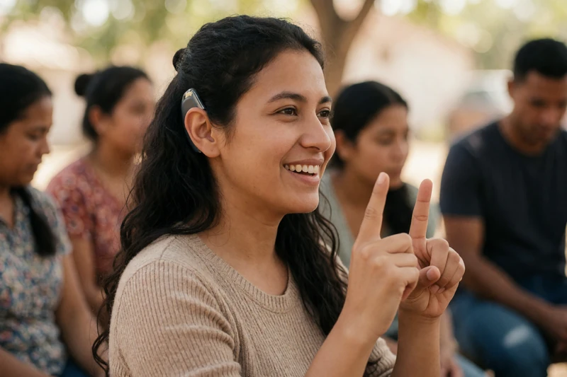 A young woman with a cochlear implant smiling while signing ASL at a community gathering, representing deaf dating culture and identity