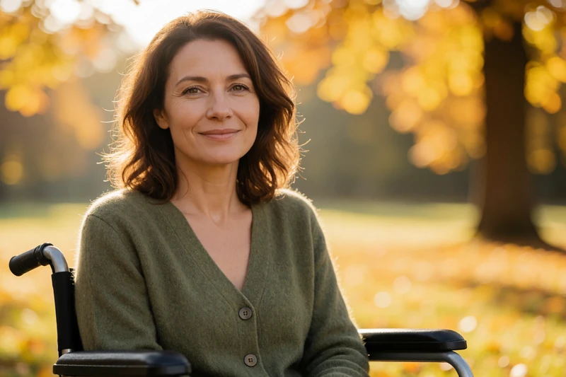 A 38-year-old woman smiling while pushing a wheelchair through a sunlit autumn park, representing caregiver dating and finding understanding partners
