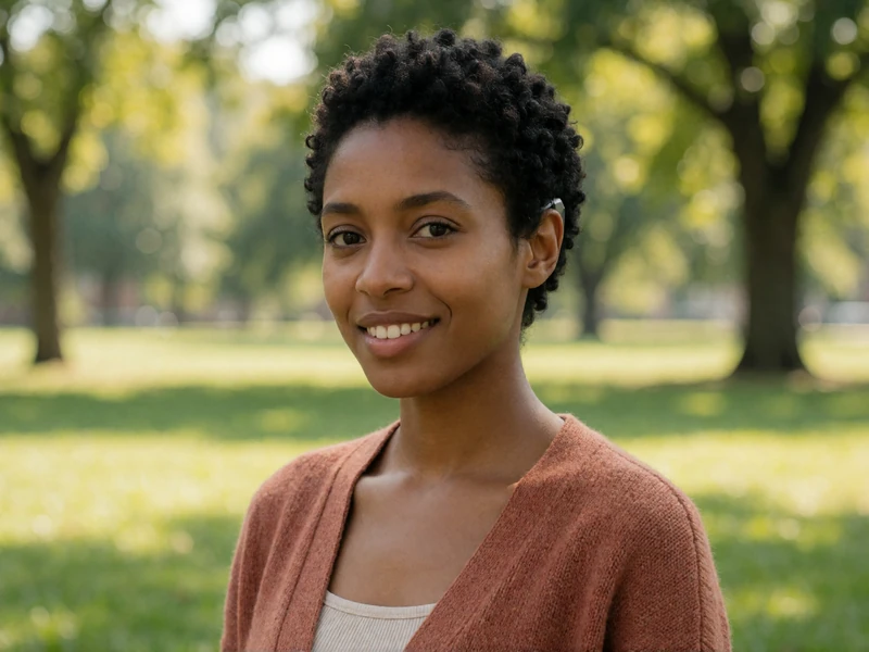 Maya, a young woman with a cochlear implant smiling in a park, representing deaf singles in the dating community