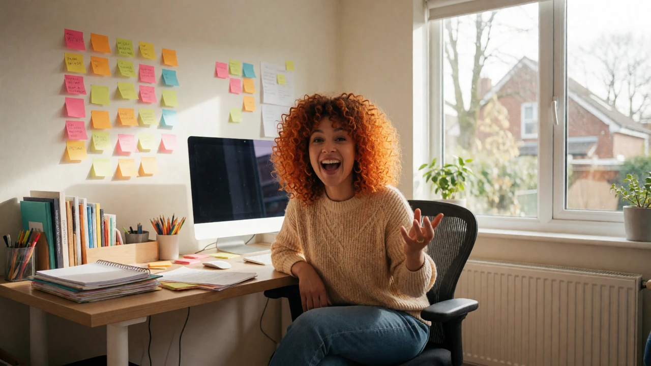 A woman with vibrant curly hair sitting at a colorful organized desk with sticky notes on the wall, representing ADHD dating and creative energy