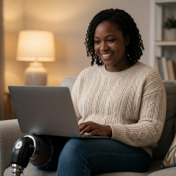 A woman with a prosthetic leg smiling at her laptop, representing the Vibes matching system on a disability dating app