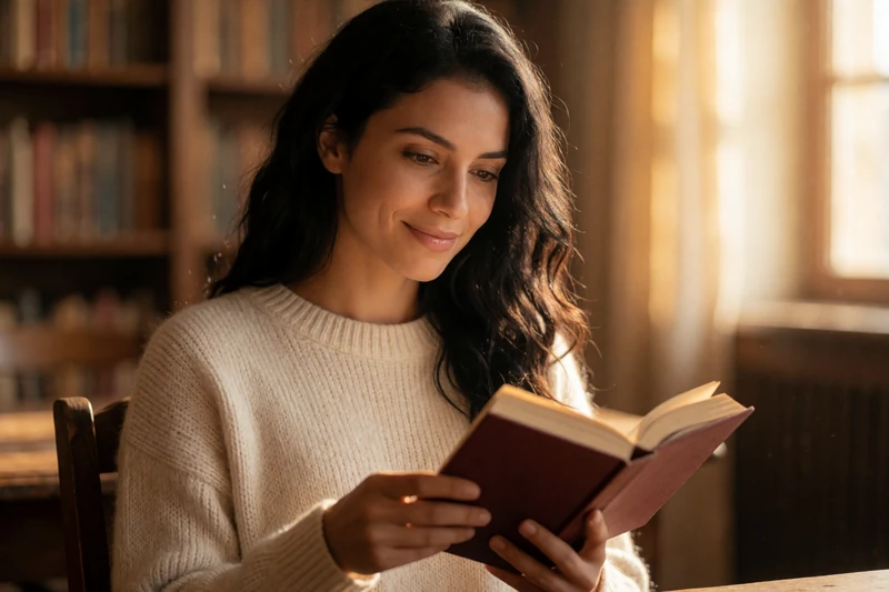 A 27-year-old woman reading a romance novel in a sunlit library, representing disability romance books readers