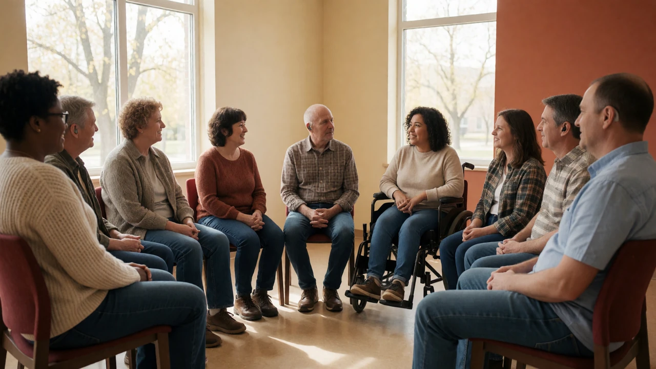 Diverse group of adults with and without disabilities in a community center circle discussion, representing the inclusive mission of OpenHeartMatch