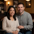 A 26-year-old mixed-race woman in a power wheelchair smiling with her partner at a restaurant, an OpenHeartMatch success story