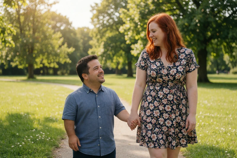 A little person man and average height woman holding hands walking through a park, representing inclusive dating and genuine cross-stature connection