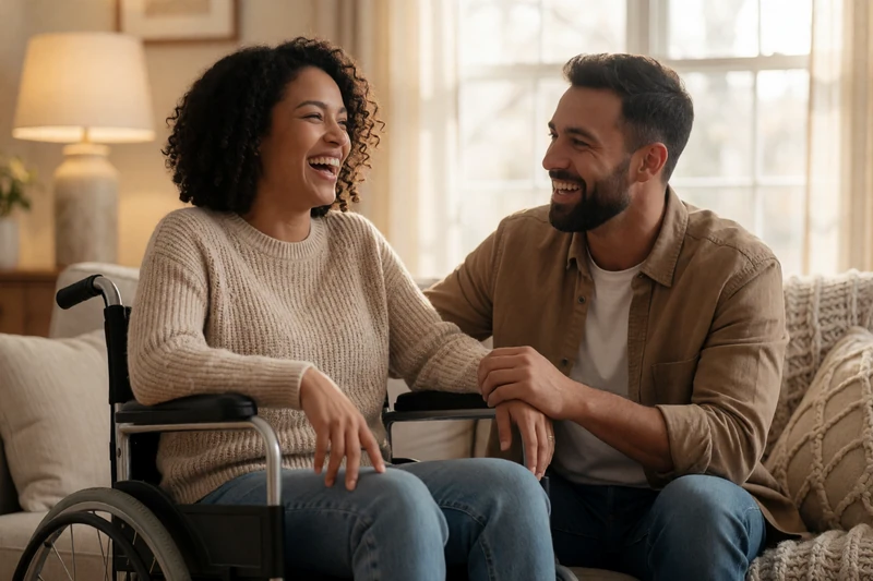 A woman in a wheelchair laughing with her partner on a couch, illustrating intimacy and trust in disability relationships