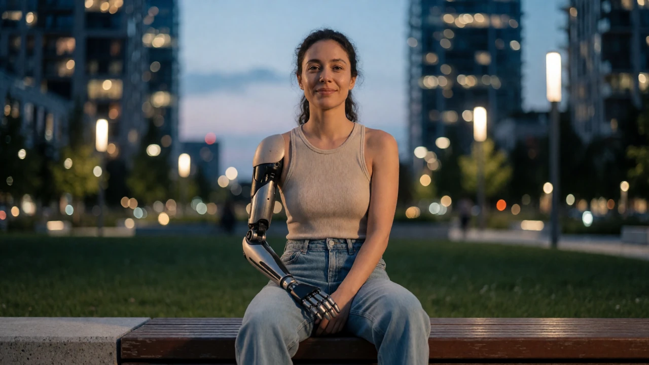 A woman with a prosthetic arm sitting confidently on a park bench at blue hour, representing amputee dating and connection