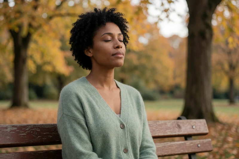 A young woman taking a deep grounding breath on a park bench, illustrating anxiety management techniques for dating