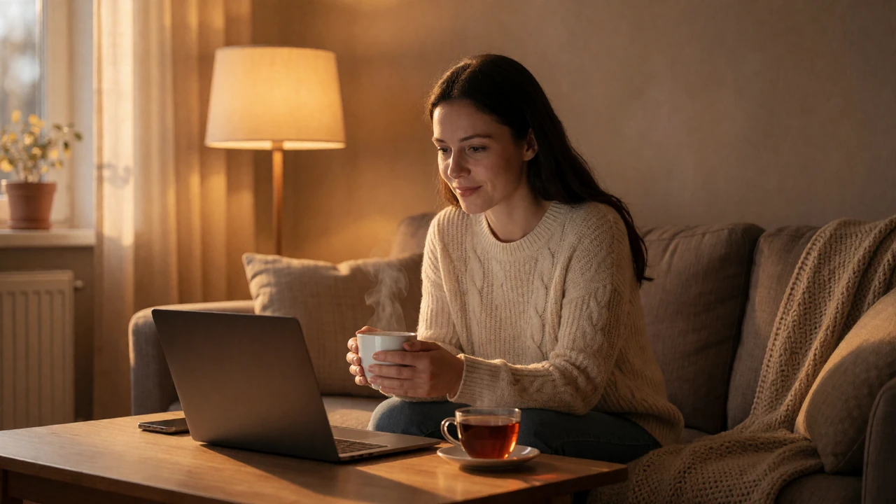 A person video-chatting on a laptop in a cozy living room with warm evening light, representing safe online dating