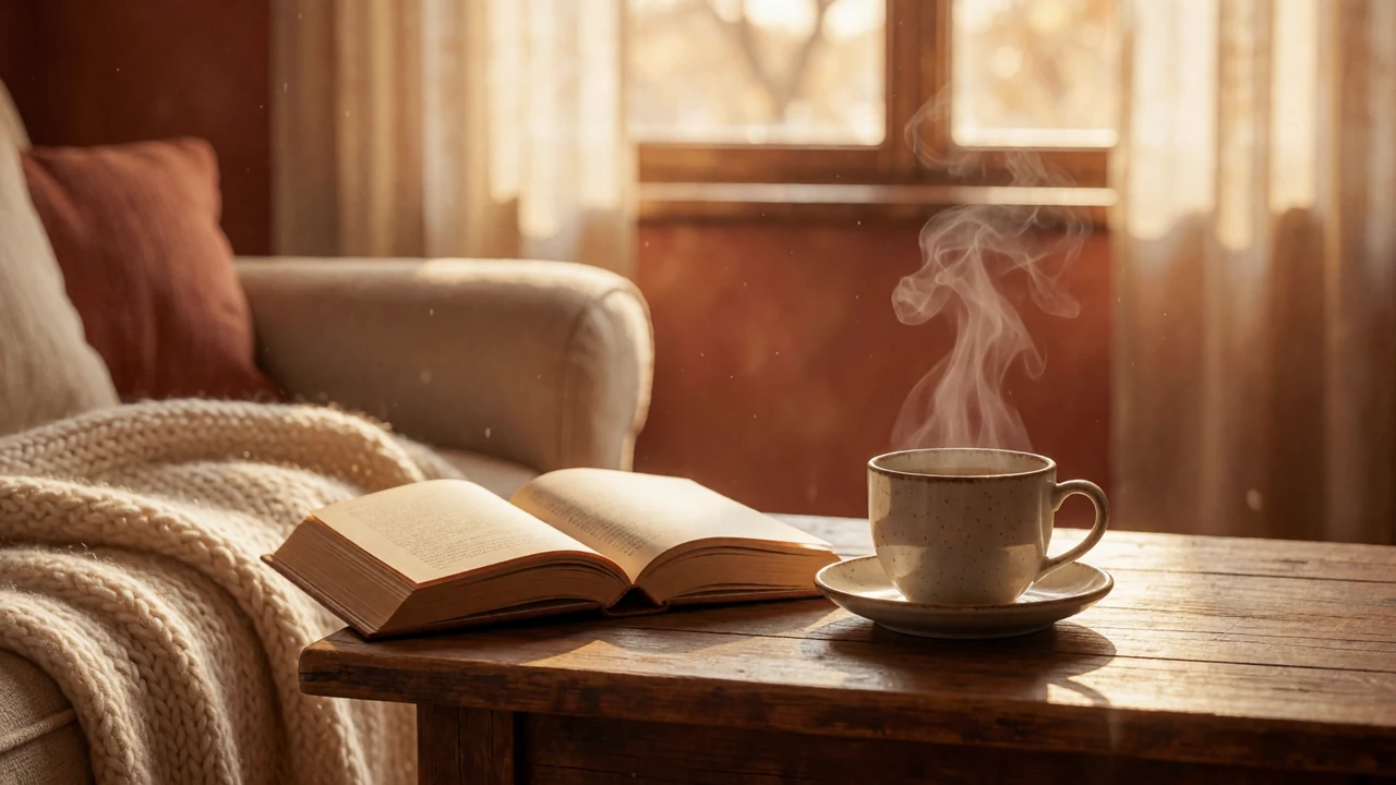 A cozy home setting with a cup of tea and an open book on a wooden table, warm afternoon light, representing caregiver dating and self-care