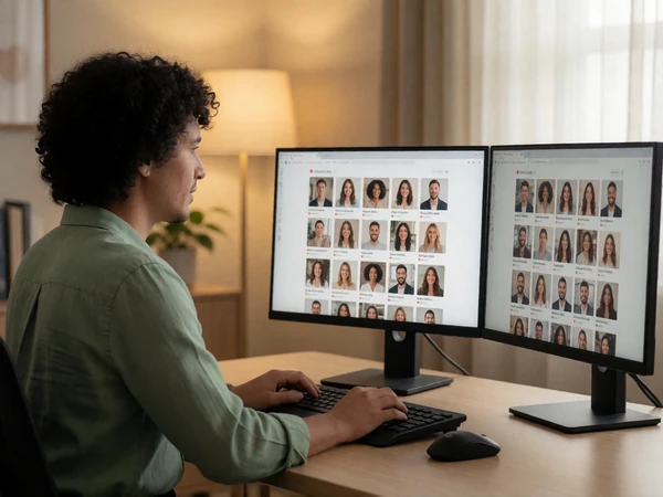 A moderator reviewing dating profiles on a dual-monitor setup, representing manual human moderation