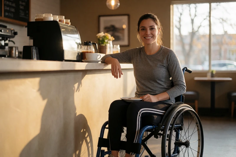 A 29-year-old woman in a sporty wheelchair having coffee at an accessible cafe counter, representing wheelchair dating community