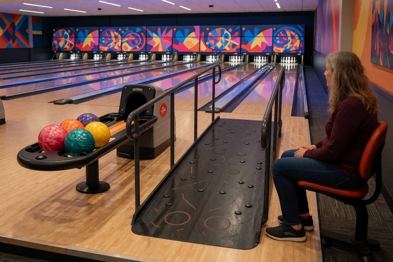 Adaptive bowling alley with ramp access and specialized equipment for accessible dating