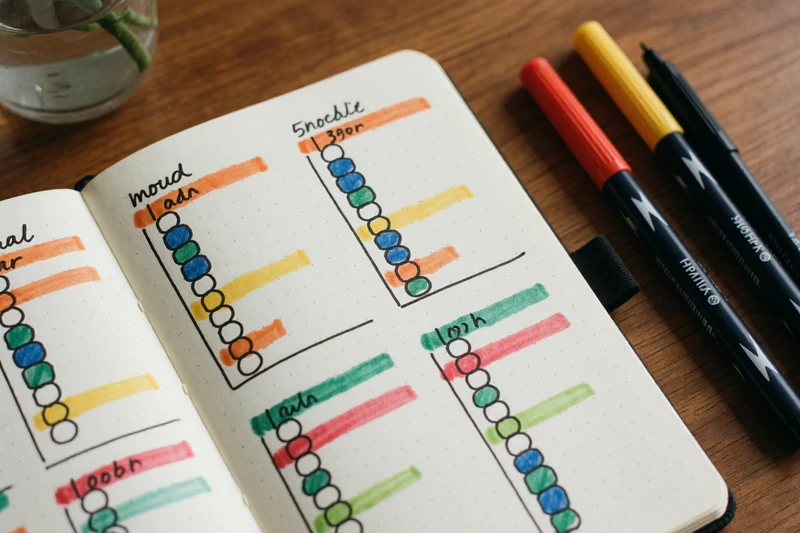 Overhead shot of a journal page with mood tracking charts and colorful habit trackers on a wooden desk, representing ADHD emotional regulation tools