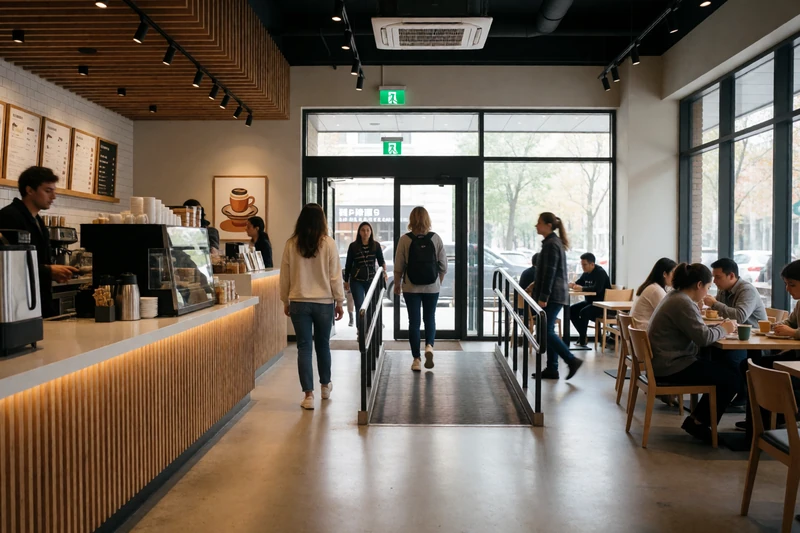 Accessible coffee shop interior with wide aisles and clear exit signs, representing safe first date venues for disabled dating