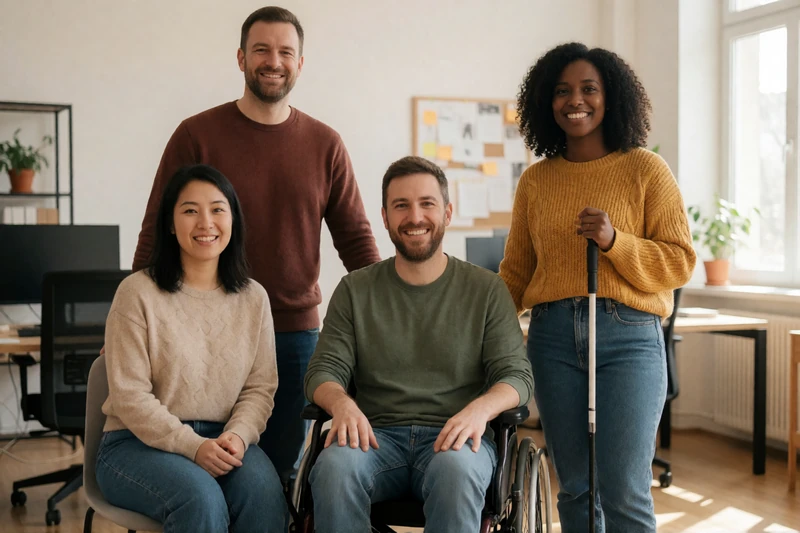 Three OpenHeartMatch co-founders standing together in a casual office, including a wheelchair user and a person with a white cane