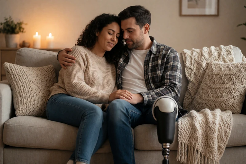 A couple cuddling on a couch with the woman's below-knee prosthetic visible, representing intimacy and trust after amputation