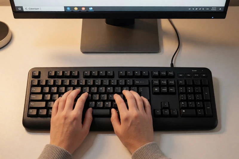 Close-up of hands on an accessible keyboard with large-print keys and screen reader software, representing accessibility-first design