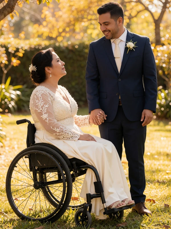 Elena, a Latina wheelchair user, and Carlos at their wedding ceremony, celebrating accessible love