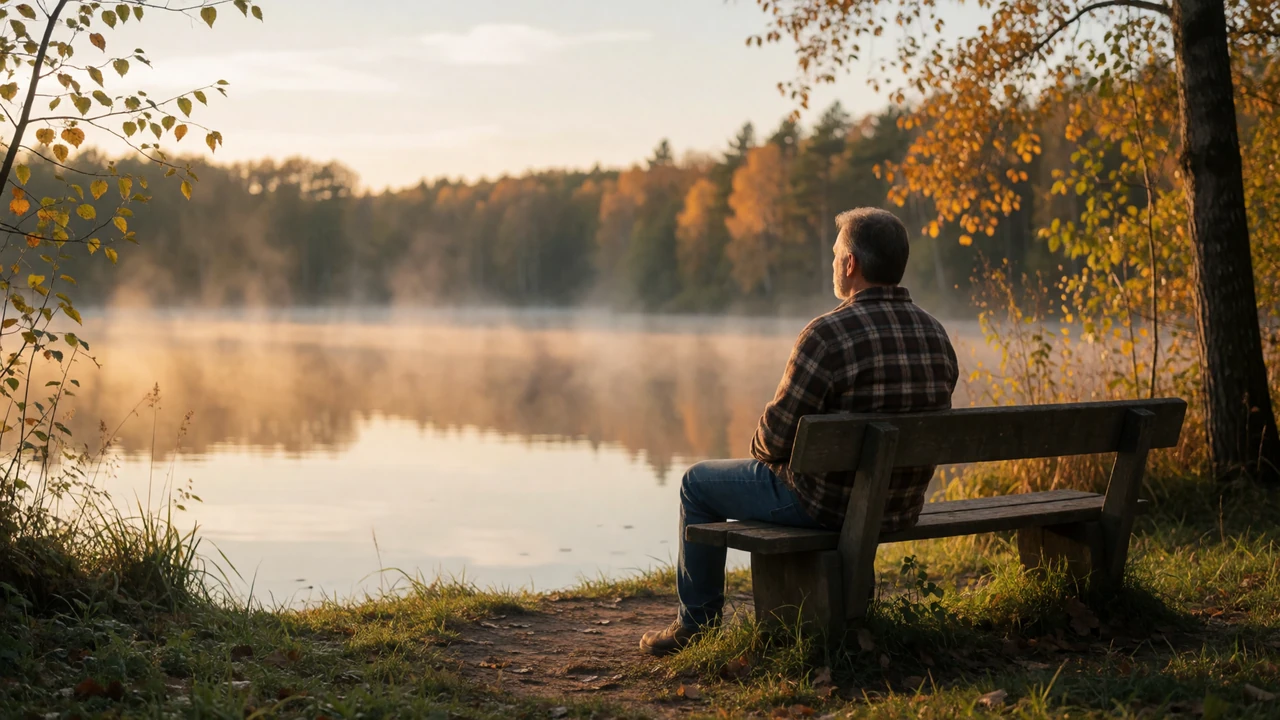 A veteran sitting peacefully on a bench overlooking a calm lake at golden hour, representing trauma-informed dating and healing