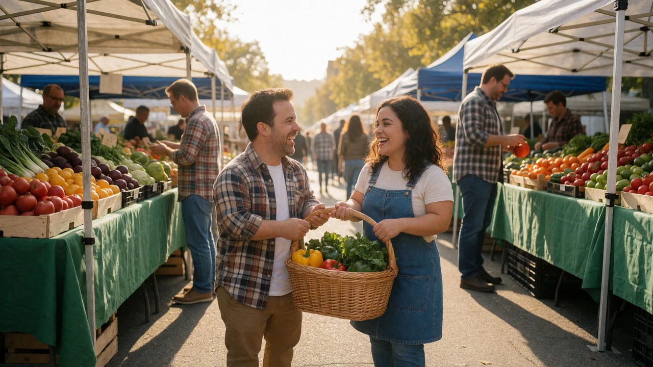 A little person couple browsing produce stalls together at a sunny farmers market, representing little people dating and genuine connection